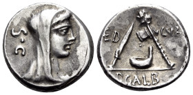 P. Galba, 69 BC. Denarius (Silver, 16 mm, 3.83 g, 5 h), Rome. S•C Veiled head of Vesta to right. Rev. (AE)D - CVR / P•GALB Knife, culullus and axe. Ba...