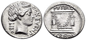 L. Scribonius Libo, 62 BC. Denarius (Silver, 19 mm, 4.04 g, 6 h), Rome. BON EVENT / LIBO Diademed head of Bonus Eventus to right. Rev. PVTEAL / SCRIBO...