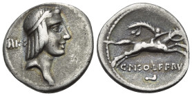 C. Piso L.f. Frugi, 61 BC. Denarius (Silver, 17 mm, 3.59 g, 6 h), Rome. Head of Apollo to right, hair bound with taenia; behind, III and four pellets....