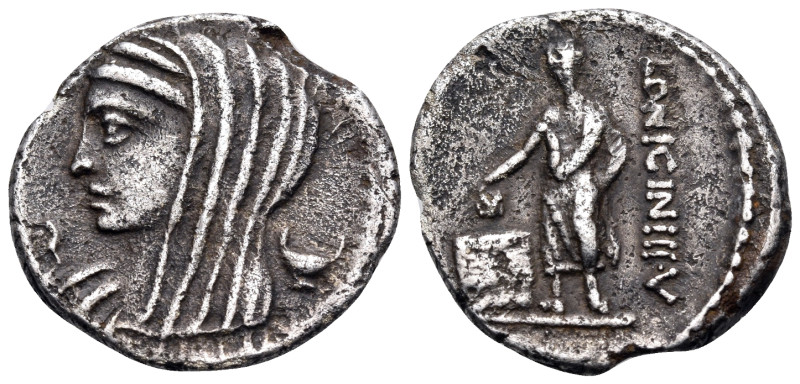 L. Cassius Longinus, 60 BC. Denarius (Silver, 19 mm, 3.40 g, 5 h), Rome. Veiled ...