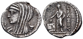 L. Cassius Longinus, 60 BC. Denarius (Silver, 19 mm, 3.40 g, 5 h), Rome. Veiled and diademed head of Vesta to left; to right, two-handled cup; to left...