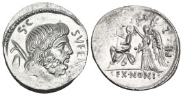 M. Nonius Sufenas, 57 BC. Denarius (Silver, 18 mm, 3.83 g, 8 h), Rome. S•C - SVFEN[AS] Head of Saturn to right; to left, harpa above baetyl. Rev. •PR•...