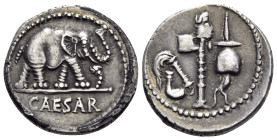 Julius Caesar, 49-48 BC. Denarius (Silver, 18 mm, 4.05 g, 1 h), mint moving with Caesar in Northern Italy. CAESAR Elephant to right, trampling horned ...