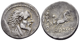 L. Hostilius Saserna, 48 BC. Denarius (Silver, 19 mm, 3.66 g, 4 h), Rome. Bearded male head to right, his hair straggling out behind him; cloak around...