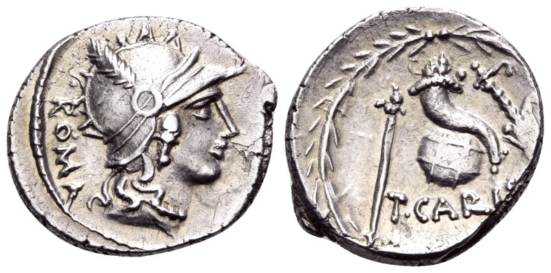 T. Carisius, 46 BC. Denarius (Silver, 19 mm, 3.59 g, 2 h), Rome. ROMA Head of Ro...