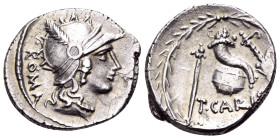T. Carisius, 46 BC. Denarius (Silver, 19 mm, 3.59 g, 2 h), Rome. ROMA Head of Roma right, wearing ornate helmet with toothed crest. Rev. T•CARIS[I] Sc...