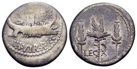 The Triumvirs. Mark Antony, Autumn 32 - Spring 31. Denarius (Silver, 17 mm, 3.29 g, 9 h), for the 10th legion, Patrae (?). ANT• AVG / III•VIR• R•P•C• ...