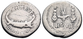 The Triumvirs. Mark Antony, Autumn 32 - Spring 31. Denarius (Silver, 18 mm, 2.82 g, 6 h), Patrae (?). ANT · AVG III · VIR · R · P · C Galley to the ri...