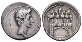 The Triumvirs. Octavian, 29-27 BC. Denarius (Silver, 20 mm, 3.52 g, 2 h), Brundisium or Rome. Bare head of Octavian to right. Rev. Arch with Octavian ...
