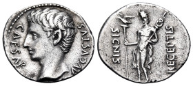 Augustus, 27 BC-AD 14. Denarius (Silver, 21 mm, 3.50 g, 6 h), Colonia Patricia, 19 BC. CAESAR AVGVSTVS Bare head of Augustus to left. Rev. SIGNIS RECE...