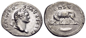 Domitian, as Caesar, 69-81. Denarius (Silver, 19 mm, 3.19 g, 6 h), struck under Vespasian, Rome, 77-78. CAESAR AVG F DOMITIANVS Laureate head of Domit...