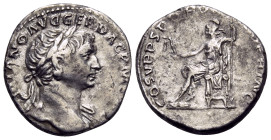 Trajan, 98-117. Denarius (Silver, 18 mm, 3.36 g, 8 h), Rome, 108-109. IMP TRAIANO AVG GER DAC P M TR P Laureate bust of Trajan to right, with slight d...