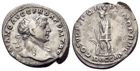 Trajan, 98-117. Denarius (Silver, 20 mm, 3.39 g, 6 h), Rome, c. 110. IMP TRAIANO AVG GER DAC P M TR P Laureate bust of Trajan to right, slight drapery...