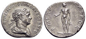 Trajan, 98-117. Denarius (Silver, 19 mm, 2.92 g, 6 h), Rome, 114-116. IMP CAES NER TRAIANO OPTIMO AVG GER DAC Laureate and draped bust of Trajan to ri...