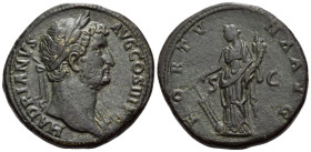 Hadrian, 117-138. Sestertius (Orichalcum, 31 mm, 22.00 g, 6 h), Rome, 134-138. HADRIANVS AVG COS III P P Laureate head of Hadrian right, with drapery ...