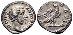 Divus Antoninus Pius, died 161. Denarius (Silver, 17 mm, 2.76 g, 1 h), struck under Marcus Aurelius and Lucius Verus, Rome, 161. DIVVS ANTONINVS Bare ...