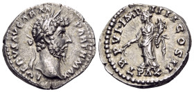 Lucius Verus, 161-169. Denarius (Silver, 19 mm, 3.38 g, 7 h), Rome, 166. L VERVS AVG ARM PARTH MAX Laureate head of Lucius Verus to right. Rev. TR P V...