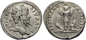Septimius Severus, 193-211. Denarius (Silver, 19 mm, 3.20 g, 12 h), Rome, 201. SEVERVS PIVS AVG Laureate head of Septimius Severus to right. Rev. PART...