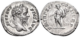 Septimius Severus, 193-211. Denarius (Silver, 19.00 mm, 2.88 g, 6 h), Rome, 208. SEVERVS PIVS AVG Laureate head of Septimius Severus to right. Rev. P ...