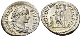 Caracalla, 198-217. Denarius (Silver, 19 mm, 3.61 g, 7 h), Rome, 206. ANTONINVS PIVS AVG Laureate and draped bust of Caracalla to right. Rev. PONTIF T...