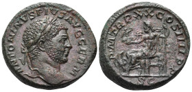 Caracalla, 198-217. As (Copper, 26 mm, 13.30 g, 1 h), Rome, 217. ANTONINVS PIVS AVG GERM Laureate head of Caracalla to right. Rev. P M TR P XX COS III...