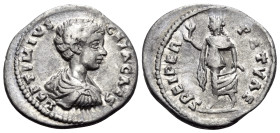 Geta, as Caesar, 198-209. Denarius (Silver, 20 mm, 2.72 g, 6 h), Laodicea ad Mare, 198. L SEPTIMIVS GETA CAES Bare-headed, draped and cuirassed bust o...