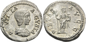 Plautilla. Augusta, AD 202-205. Denarius (Silver, 19mm, 3.29 g 6), Rome, 202-205. PLAVTILLA AVGVSTA Draped bust of Plautilla to right. Rev. PIETAS AVG...