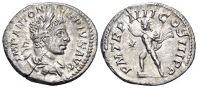 Elagabalus, 218-222. Denarius (Silver, 19 mm, 2.53 g, 6 h), Rome, 221. IMP ANTONINVS PIVS AVG Laureate and draped bust of Elagabalus to right. Rev. P ...