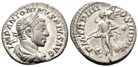 Elagabalus, 218-222. Denarius (Silver, 18 mm, 2.50 g, 6 h), Rome, 221. IMP ANTONINVS PIVS AVG Laureate and draped bust of Elagabalus to right. Rev. P ...