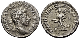 Elagabalus, 218-222. Denarius (Silver, 18 mm, 2.88 g, 5 h), Rome, 221. IMP ANTONINVS PIVS AVG Laureate head of Elagabalus to right. Rev. P M TR P IIII...