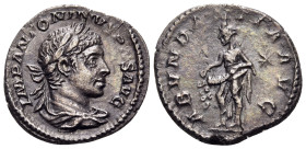 Elagabalus, 218-222. Denarius (Silver, 19 mm, 2.27 g, 6 h), Rome, 220-221. IMP ANTONINVS PIVS AVG Draped and cuirassed bust of Elagabalus to right. Re...