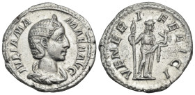 Julia Mamaea, Augusta, 222-235. Denarius (Silver, 19.5 mm, 3.55 g, 7 h), Struck under Severus Alexander, Rome, 224. IVLIA MA-MAEA AVG Draped bust of J...