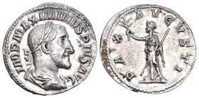 Maximinus I, 235-238. Denarius (Silver, 19 mm, 3.62 g, 7 h), Rome, 236. IMP MAXIMINVS PIVS AVG Laureate, draped and cuirassed bust of Maximinus I to r...