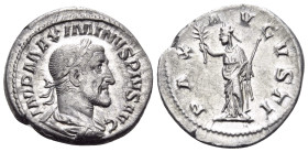 Maximinus I, 235-238. Denarius (Silver, 19 mm, 3.20 g, 7 h), Rome, 236. IMP MAXIMINVS PIVS AVG Laureate, draped and cuirassed bust of Maximinus I to r...