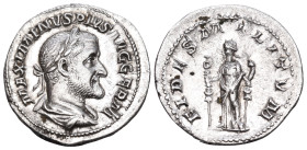 Maximinus I, 235-238. Denarius (Silver, 19 mm, 2.89 g, 7 h), Rome. MAXIMINVS PIVS AVG GERM Laureate, draped and cuirassed bust of Maximinus I to right...
