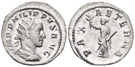 Philip II, 247-249. Antoninianus (Silver, 23 mm, 2.92 g, 1 h), Rome, 247. IMP PHILIPPVS AVG Radiate and draped bust of Philip II to right. Rev. PAX AE...