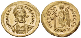 Anastasius I, 491-518. Solidus (Gold, 21 mm, 4.48 g, 6 h), Constantinople, 10th officina (I), 498. D N ANASTA-SIVS P P AVC Helmeted and cuirassed bust...