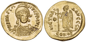 Anastasius I, 491-518. Solidus (Gold, 21 mm, 3.97 g, 7 h), Constantinople, 1st officina (A), 498-518. D N ANASTA-SIVS P P AVC Helmeted and cuirassed b...