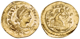 Anastasius I, 491-518. Semissis (Gold, 18 mm, 2.05 g, 6 h), Constantinople, 507-518. DN ANASTA-SIVS PP AVC Diademed, draped and cuirassed bust of Anas...