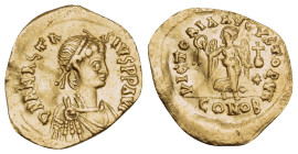 Anastasius I, 491-518. Tremissis (Gold, 14 mm, 1.13 g, 7 h), Constantinople, 492-518. D N ANASTA-SIVS P P AVG Diademed, draped and cuirassed bust of A...
