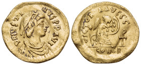 Justin I, 518-527. Semissis (Gold, 18 mm, 2.15 g, 6 h), Constantinople. D N IVSTI-NVS PP AVC Diademed, draped and cuirassed bust of Justin I to right....