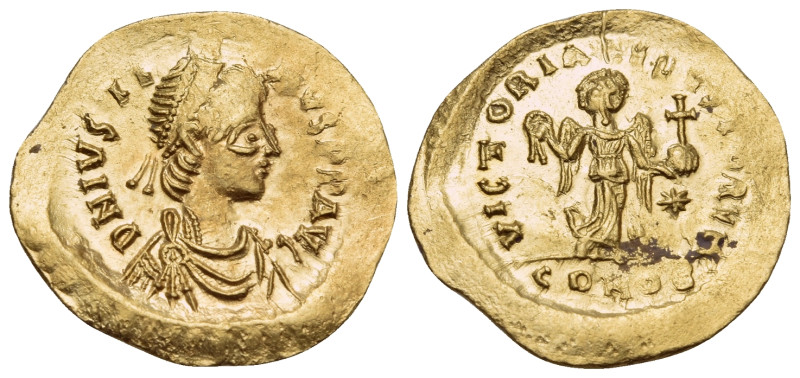 Justin I, 518-527. Tremissis (Gold, 18 mm, 1.49 g, 7 h), Constantinople. D N IVS...
