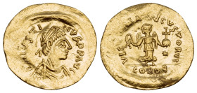Justin I, 518-527. Tremissis (Gold, 16 mm, 1.43 g, 6 h), Constantinople. D N IVSTI-NVS PP AVC Diademed, draped and cuirassed bust of Justin I to right...
