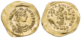 Justinian I, 527-565. Tremissis (Gold, 17 mm, 1.49 g, 6 h), Constantinople. D N IVSTINI-ANVS P P AVI Diademed, draped and cuirassed bust of Justinian ...