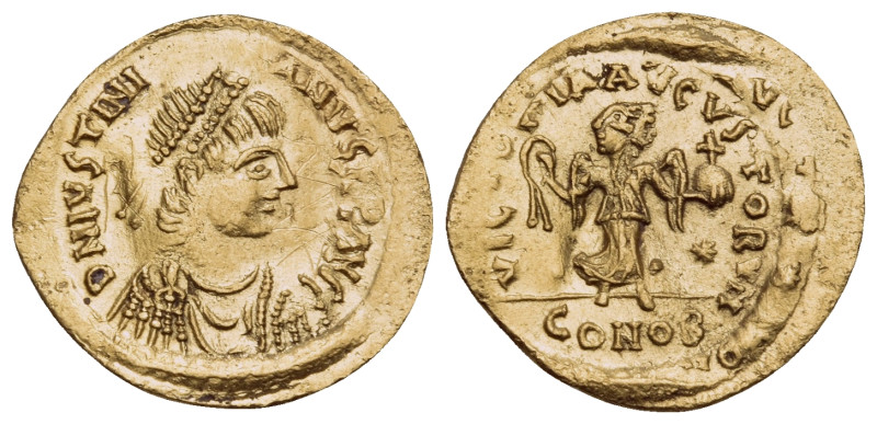 Justinian I, 527-565. Tremissis (Gold, 16 mm, 1.40 g, 6 h), Constantinople. D N ...