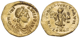 Justinian I, 527-565. Tremissis (Gold, 16 mm, 1.36 g, 6 h), Constantinople. D N IVSTINI-ANVS P P AVC Diademed, draped and cuirassed bust of Justinian ...