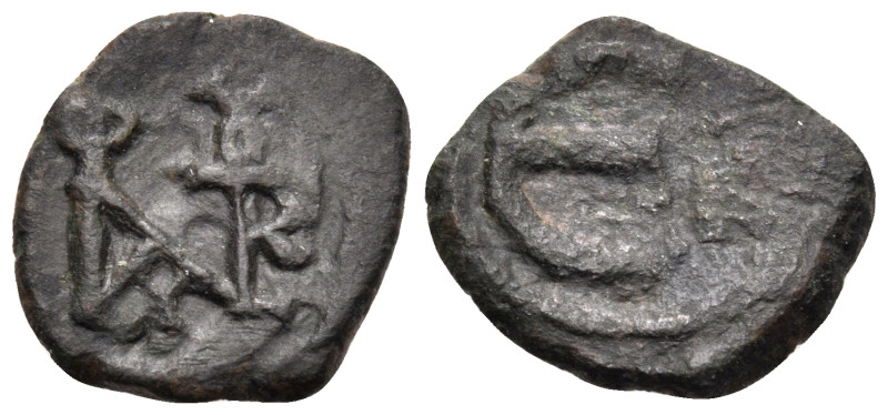 Justin II, 565-578. (Bronze, 15 mm, 1.63 g), Cyzicus. Monogram. Rev. Large E; K ...