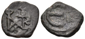 Justin II, 565-578. (Bronze, 15 mm, 1.63 g), Cyzicus. Monogram. Rev. Large E; K to right. DOC 137. MIB 53. SB 375. Dark green patina. Some porosity, o...