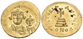 Heraclius, with Heraclius Constantine, 610-641. Solidus (Gold, 21.20 mm, 4.50 g, 8 h), Constantinople, 5th officina (E), c. 616-625. dd NN hERACLIUS E...