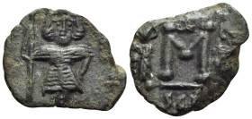 Constantine IV Pogonatus, with Heraclius and Tiberius, 668-685. Follis (Bronze, 19 mm, 2.30 g, 7 h), Syracuse, 677-679/80. Constantine IV standing fac...